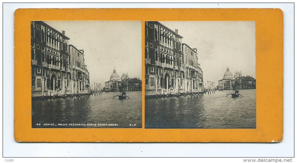 Vues Stéréoscopiques Photo Sur Carton - Venise - Palais Rezzonico Sur Le Grand Canal - Photos Stéréoscopiques