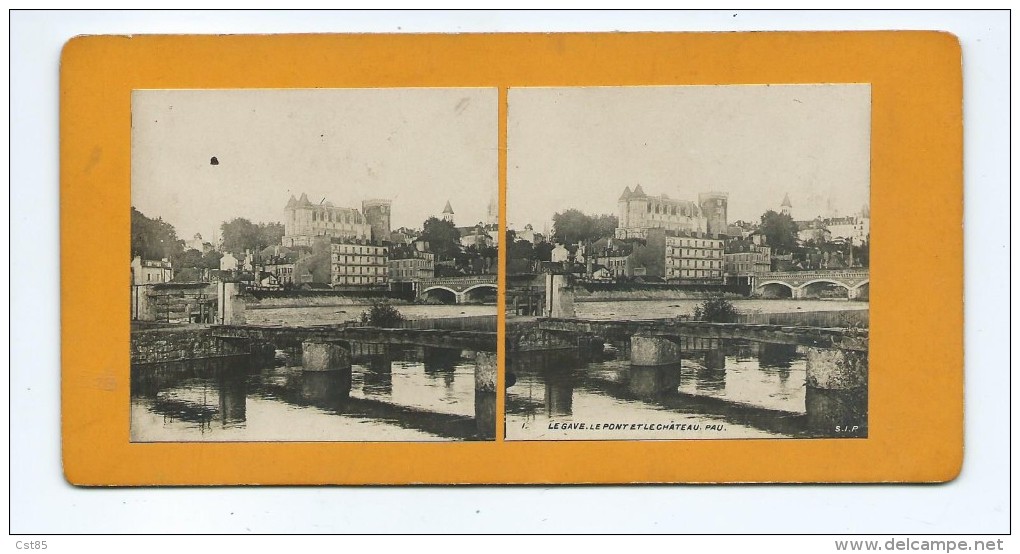 Vues Stéréoscopiques Photo Sur Carton - Le Gave . Le Pont Et Le Chateau - Pau - Photos Stéréoscopiques