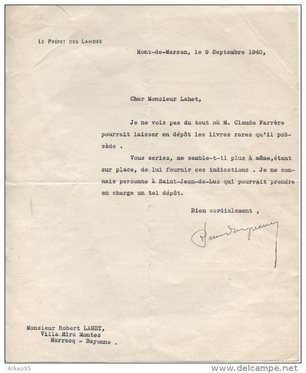 Lettre Du Préfet Des Landes, 9/9/1940 - Documents Historiques