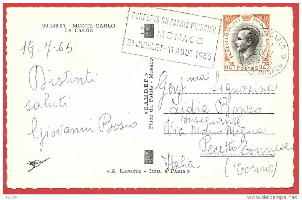 CARTOLINA VG MONTECARLO - Monaco - Le Casinò - 9 X 14 - ANNULLO 1965 TARGHETTA - Monte-Carlo