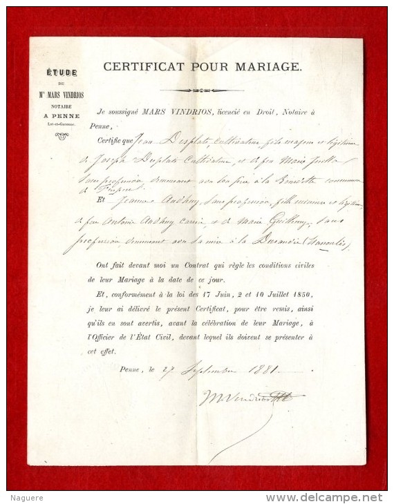 CERTIFICAT POUR MARIAGE   EDUDE DE MARS VINDRIOS PENNE 47  -  FAMILLE DESPLATS AUDHUY  FRESPECH MASSOULES 1881 - Mariage