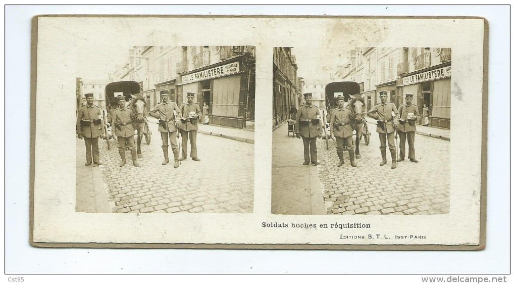 Vues Stéréoscopiques Photo Sur Carton - Soldats Boches En Réquisition - Clermont Oise A Confirmer Guerre - Stereoscopio