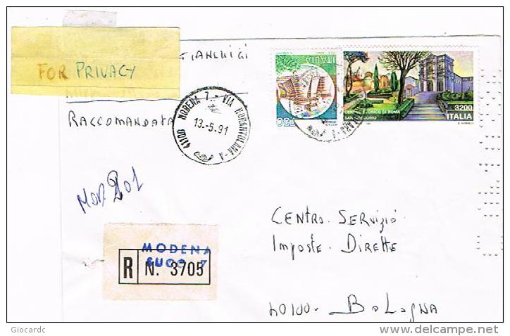 ITALIA (ITALY) - STORIA POSTALE -1991 RACCOMANDATA AR DA MODENA  X INTERNO (S.GREGORIO + ALTRO)-RIF.1572 - 1991-00: Marcophilie