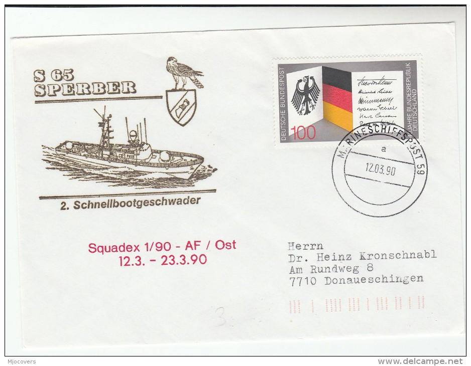 1990 GERMANY Navy  SHIP SPERBER EVENT COVER Illus FALCON BIRD Birds  MAILED FROM SHIP S65 Stamps Germany Navy - Schiffe