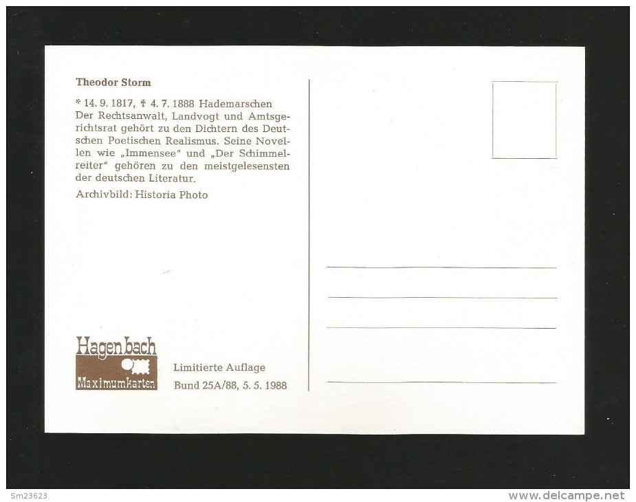 BRD 1988  Mi.Nr.1371 ,100. Todestag Von Theodor Storm - Maximum Card - Sonderstempel Husum Nordsee 05.05.88 - 1981-2000