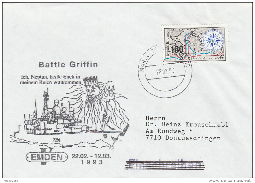 1993 God NEPTUNE EVENT COVER NEPTUNE WELCOME To My KINGDOM From GERMAN NAVY Ship Emden Stamps Mythology Germany - Mythology