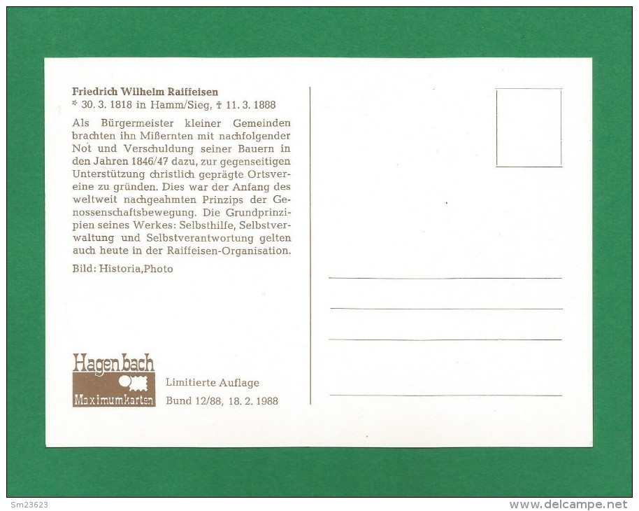 BRD 1988  Mi.Nr. 1358 , Friedrich Wilhelm Raiffeisen - Hagenbach Maximum Card - Erstausgabe Bonn 18.02.88 - 1981-2000