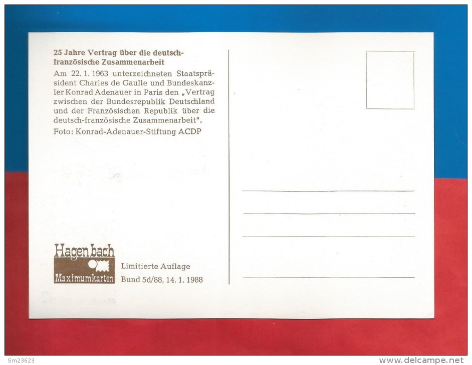BRD / Frankreich 1988 Mi.Nr.1351 / 2636 , 25 Jahre Deutsch-Französische Zusammenarbeit - Maximum Card - 1981-2000