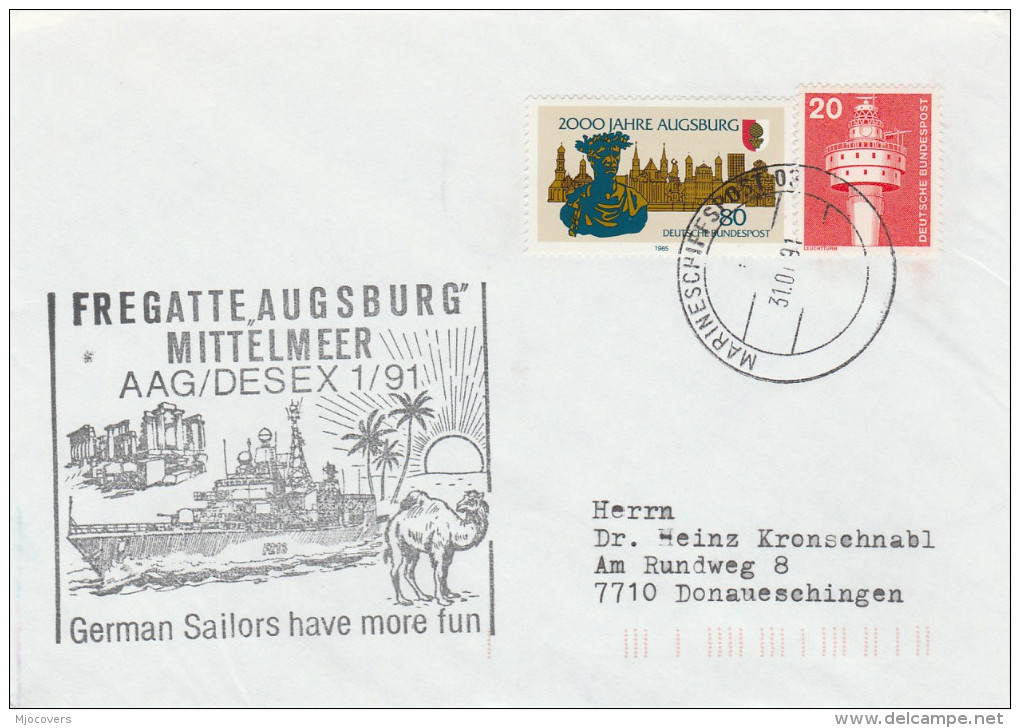 1991 GERMAN NAVY In MEDITERANNEAN EVENT COVER Illus CAMEL 'GERMAN SAILORS Have More FUN' On SHIP Ausgburg Stamp Germany - Barcos