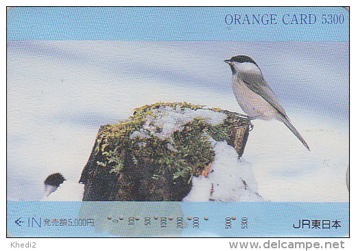 Carte Orange Japon - Animal - OISEAU MESANGE BOREALE Sur Rocher - BIRD Japan Prepaid JR Card - Meise Vogel - 3645 - Pájaros Cantores (Passeri)