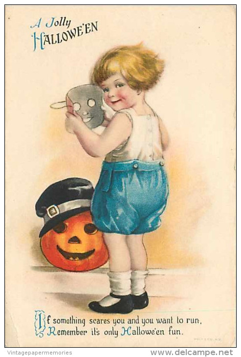 230935-Halloween, Wolf No 1-1, Quip Series, Ellen Clapsaddle, Boy Putting On Mask, Jack O Lantern With Black Hat - Halloween