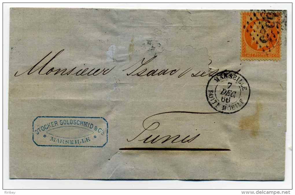 Lettre MARSEILLE BOITE MOBILE  / 7 Dec 1866 / YT N°23 / Pour TUNIS / BONE - 1849-1876: Classic Period