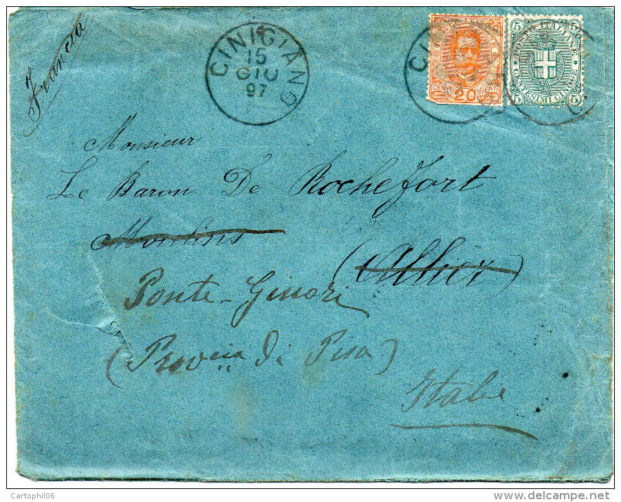 - ITALIE - Lettre CINIGIANO Pour MOULINS (France) Pour PONTE-GINORI 15 GIU 1897 - Affranchissement + Cachets A ETUDIER - - Storia Postale