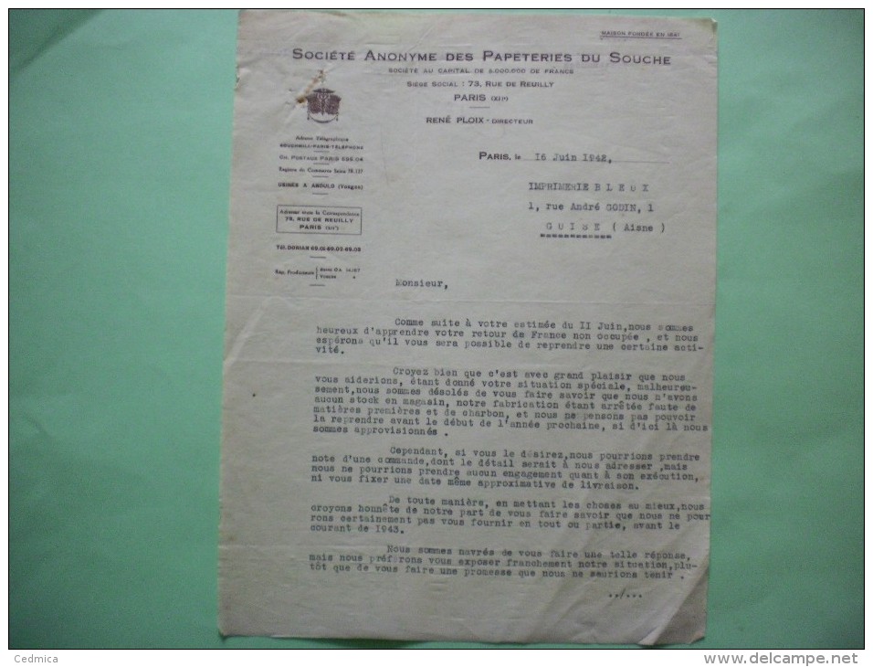 PARIS SOCIETE ANONYME DES PAPETERIES DU SOUCHE 73 RUE DE NEUILLY XIIe COURRIER DU 16 JUIN 1942 - Imprimerie & Papeterie