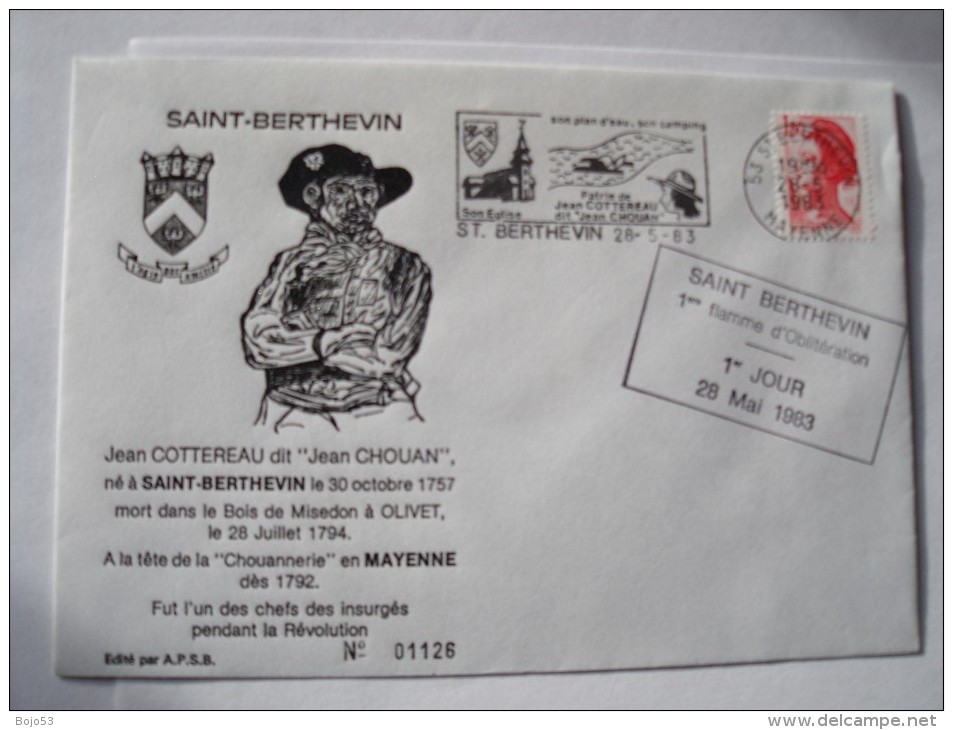 53 SAINT BERTHEVIN - 1er Jour Flamme Jean Chouan 28 -5 -1983 Sur Enveloppe Entière Illustrée - Mechanical Postmarks (Advertisement)