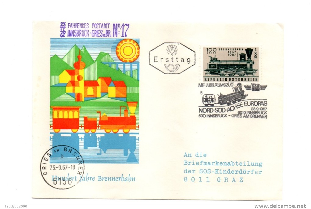 TRAIN BRENNERBAHN  FAHRENDES POSTMT INNSBRUCK-GRIES 25 IX 1967 - Covers & Documents