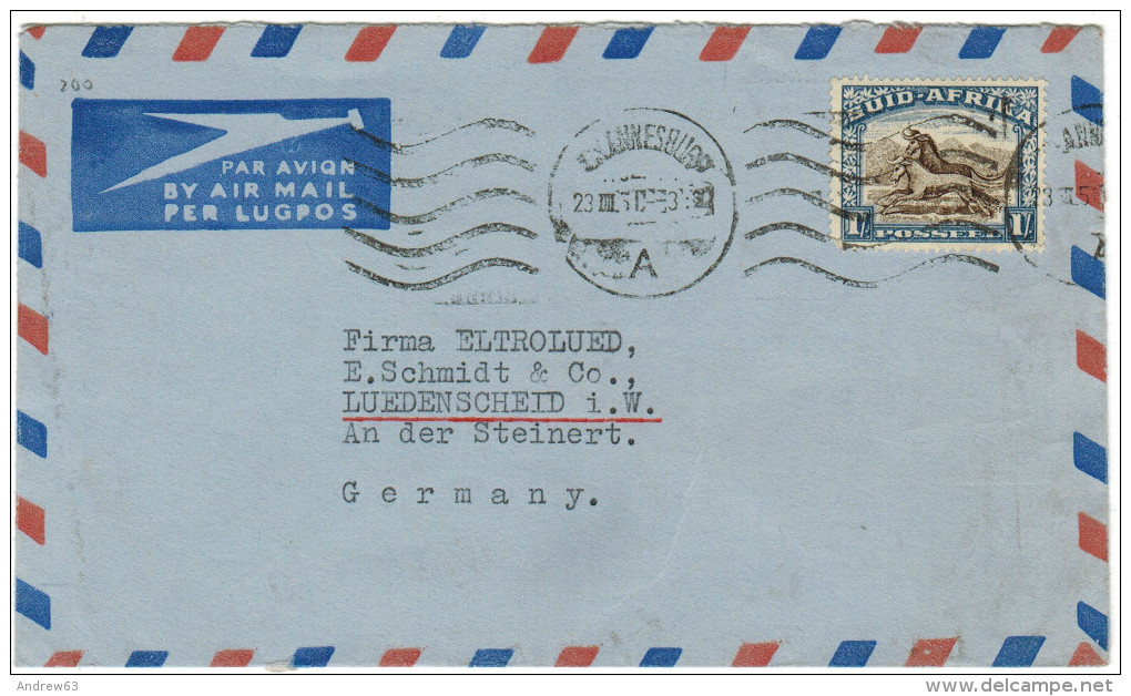 RSA - South Africa - Sud Africa - 1951 - Viaggiata Da Johannesburg Per Luedenscheid, Germany - Briefe U. Dokumente