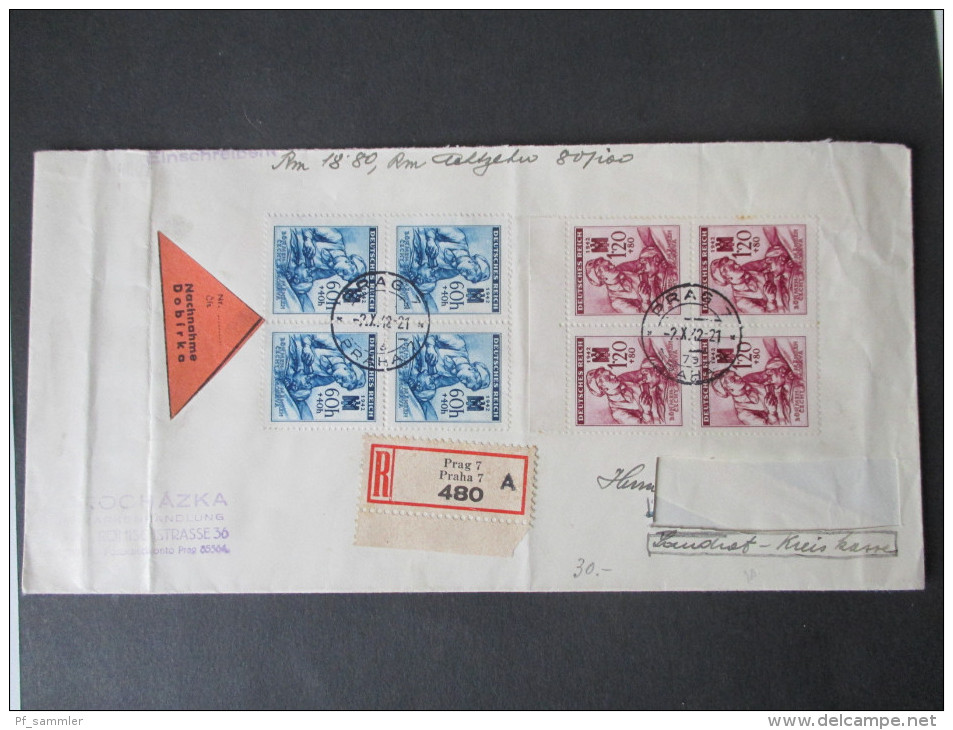 Böhmen Und Mähren Einschreiben 1942 Satzbrief / Nr. 111 U. 112 Als 4er Block! Nachnahme. Prag 7 - Covers & Documents