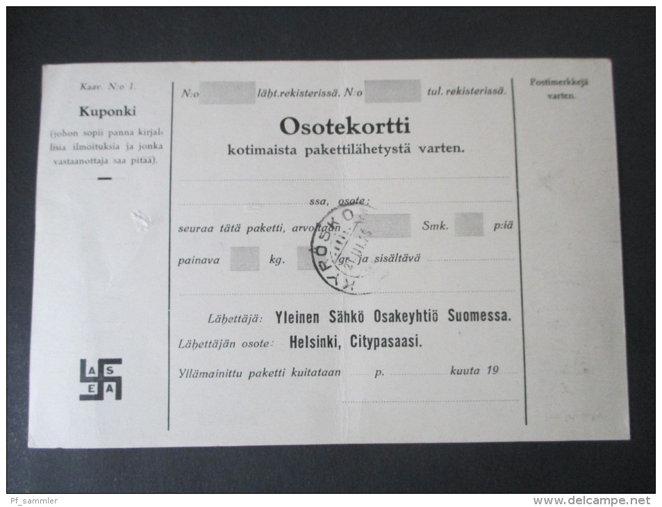 Finnland 1928 Adresskort / Paketkarte mit Hakenkreuz ASEA / Kupong. Allmänna Elektriska Aktieboget