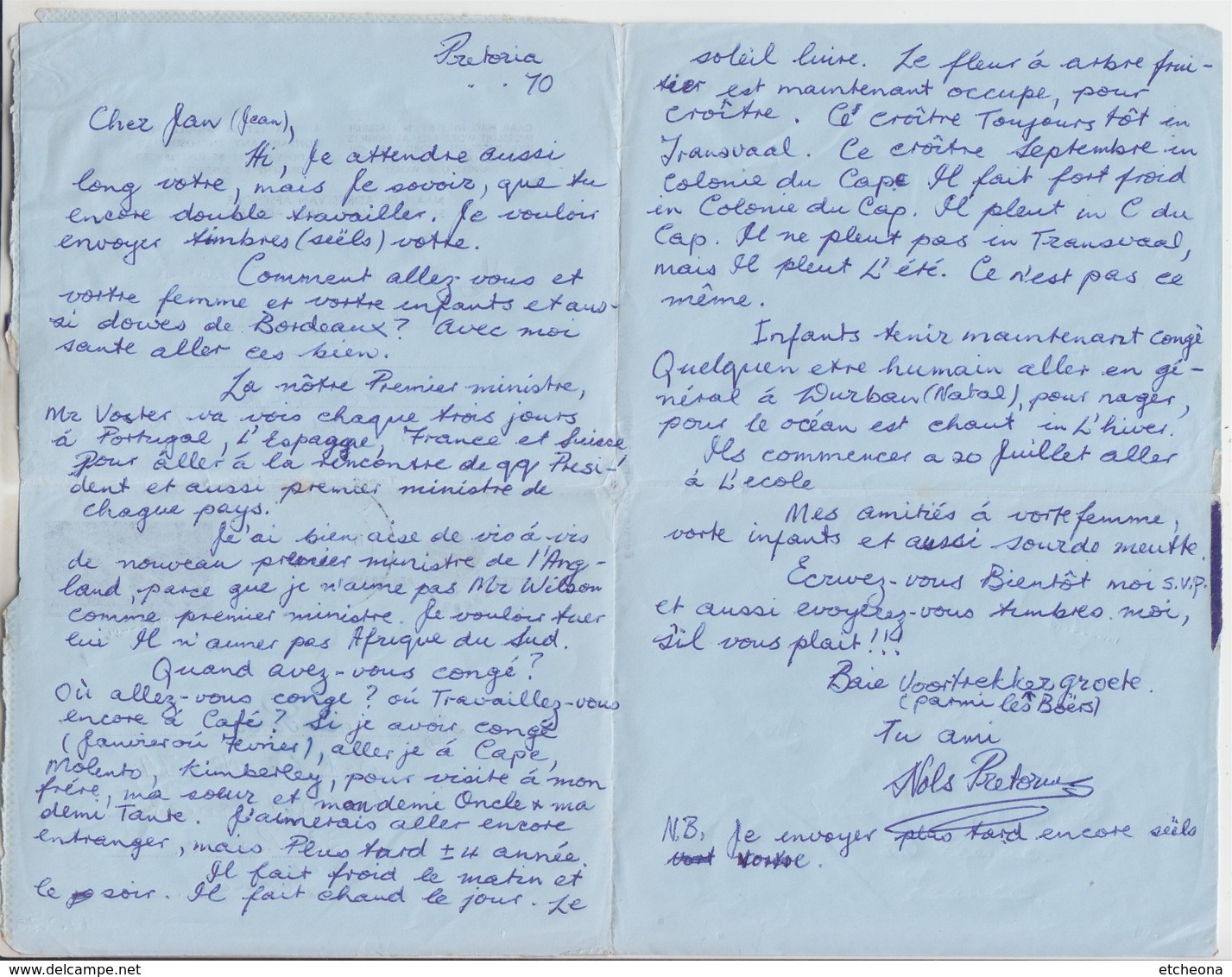 = Entier Postal Avec Complément D'affranchissement Afrique Du Sud De Prétoria à Pessac - Lettres & Documents