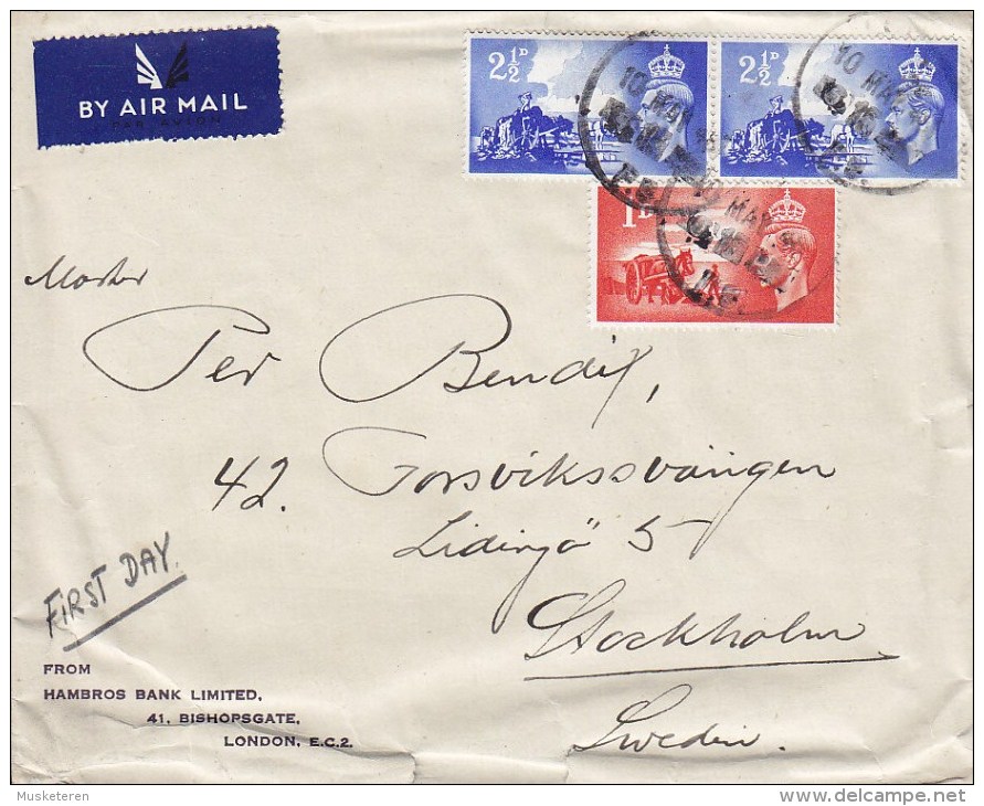 Great Britain By Airmail Label HAMBROS BANK, LONDON 1948 Ersttags Brief FDC Cover To STOCKHOLM Sweden - ....-1951 Pre Elizabeth II