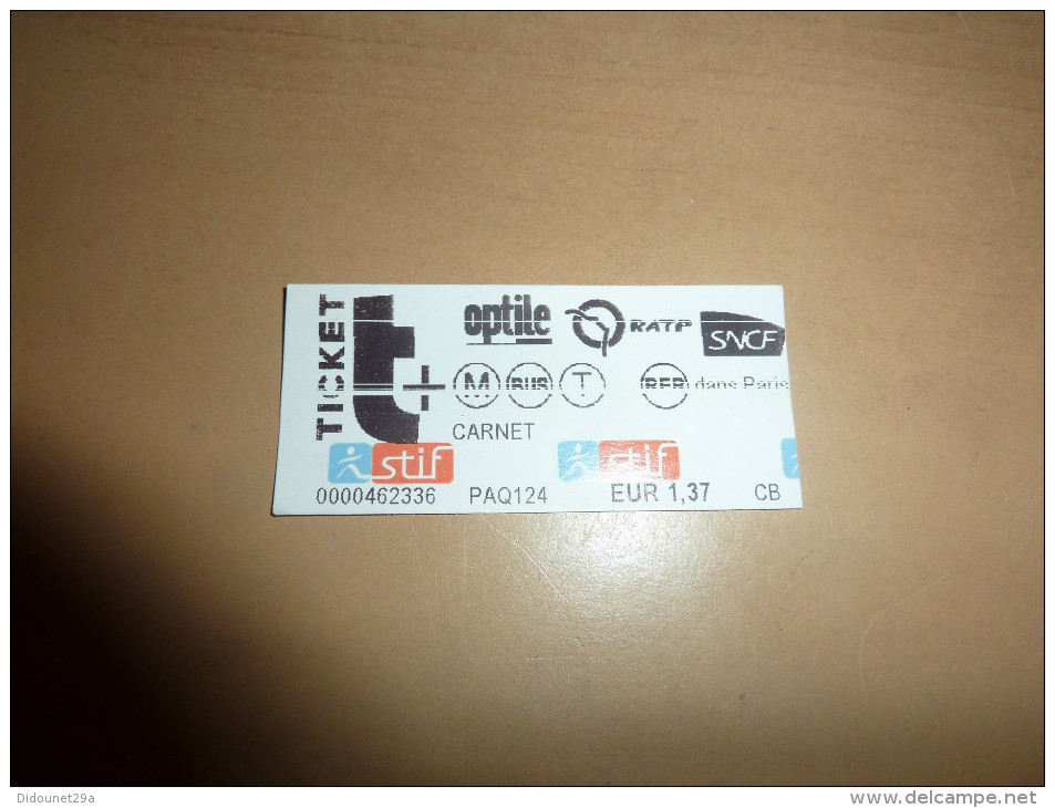 Ticket De Transport (métro, Bus, Train, Tramway) Stif PARIS(75) "carnet" (type 4) - Europe