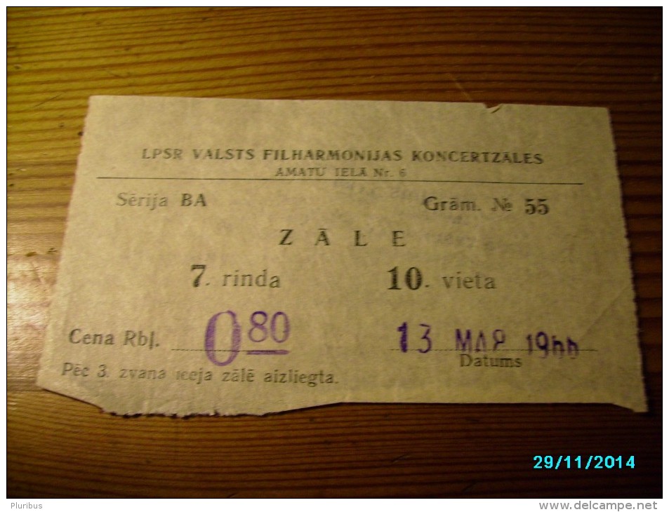 LATVIA  1966  THEATRE CONCERT    TICKET ,   0 - Tickets - Entradas