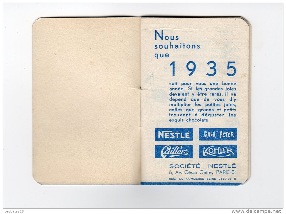 CALENDRIERS AGENDA PETIT FORMAT  CALENDRIER CHOCOLAT NESTLE  CALENDRIER  MEMENTO  1935  DIV  917 - Petit Format : 1921-40