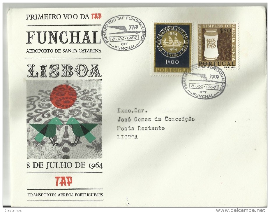 PORTUGAL ERST FLUG 1964 FUCHNAL - Lettres & Documents