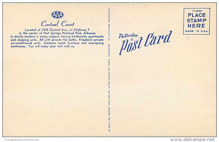 228251-Arkansas, Hot Springs, Central Court, Highway 7, Linen Postcard, Nationwide Specialty No F13943 - Hot Springs