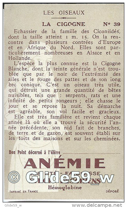 Chromo - Les Oiseaux - Cigogne - Bon Point - Anémie - Sirop Deschiens - N° 39 - Autres & Non Classés