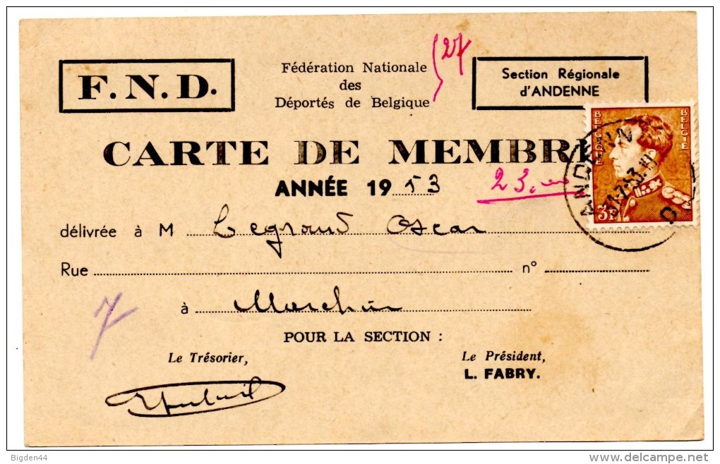 F.N.D. Andenne_carte De Membre_1953 - Autres & Non Classés