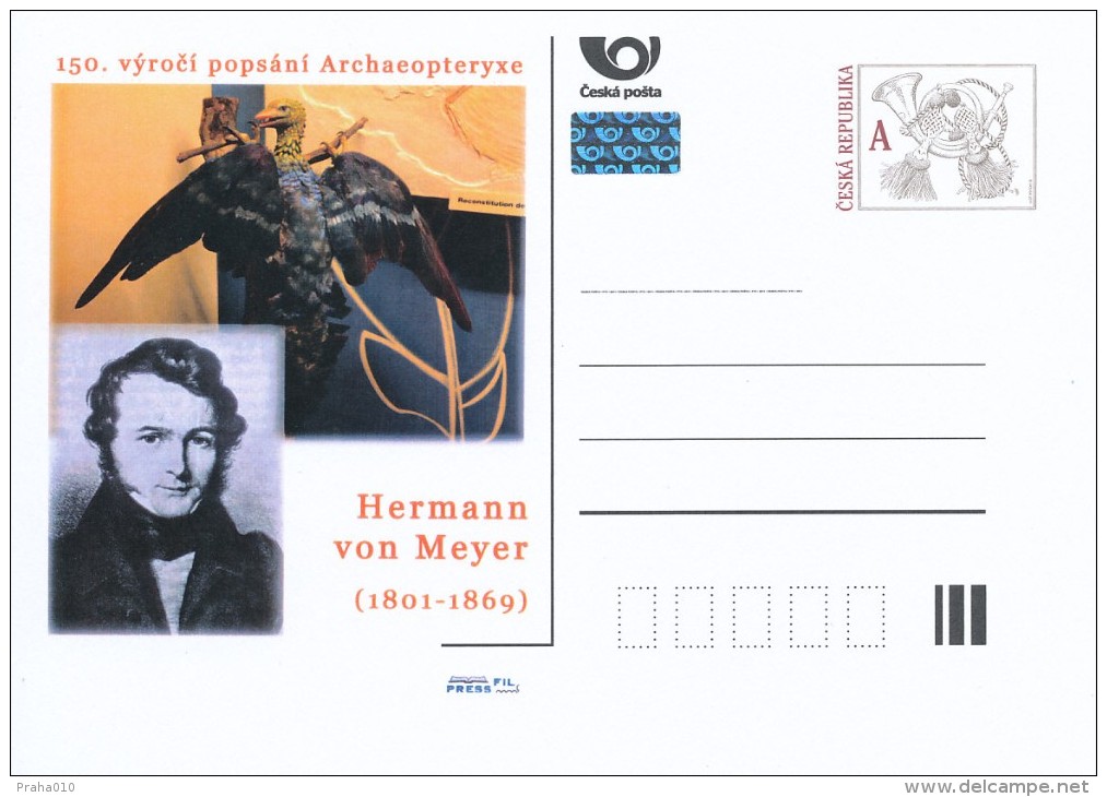 Czech Rep. / Postal Stat. (Pre2011/44) 150 Ann. Describe Archaeopteryx, Hermann Von Meyer (1801-1869) Palaeontologist - Postcards