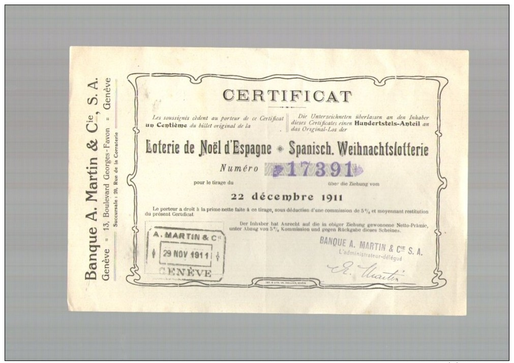 Billet De Loterie Du 22/12/1911 Loterie De Noel D'Espagne - Genève Suisse - Lottery Tickets