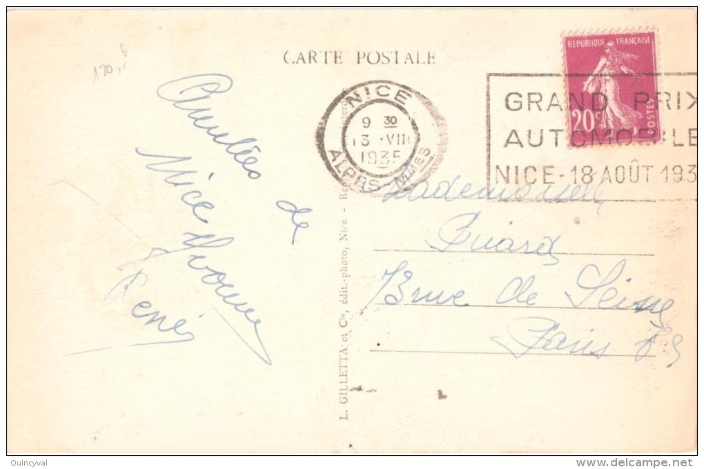 3002 NICE Carte Postale 20 C Semeuse Yv 190 Ob Méca Grand Prix Automobile 18 AOUT 1935 Dreyfus NIC210 - Lettres & Documents