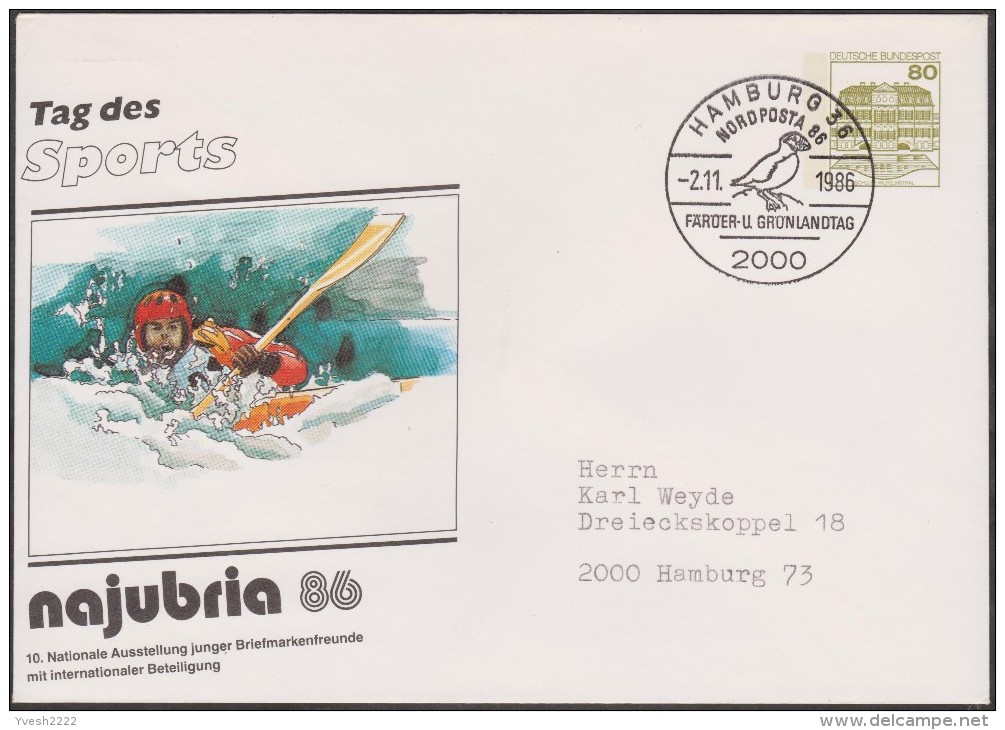 Allemagne 1986. Privatganzsache, Entier Postal Timbré Sur Commande. Najuba´86. BD, Journée Des Sports, Kayak. Pingouin - Fumetti