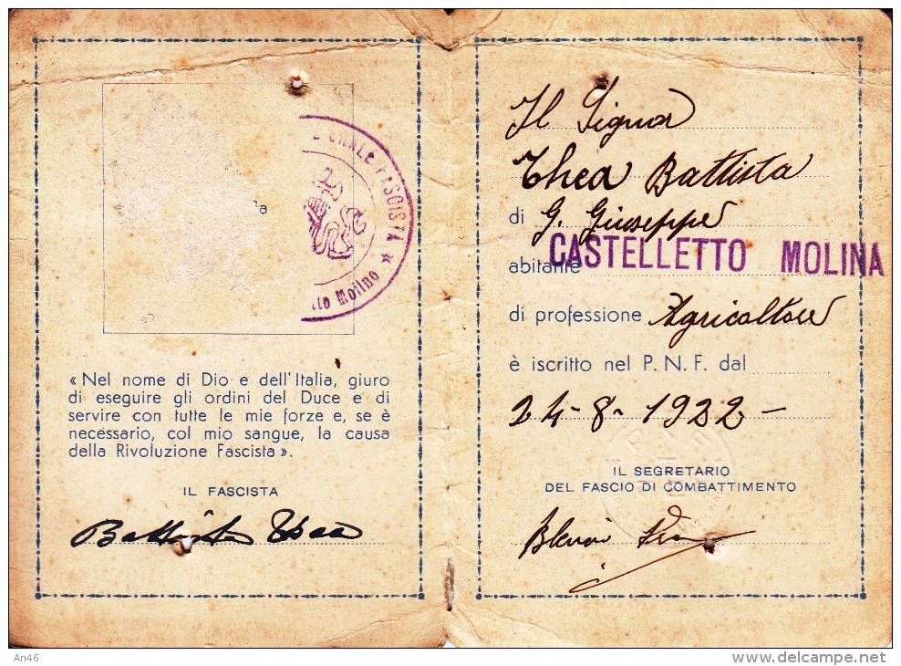 TESSERA FASCIO DI COMBATTIMENTO CASTELLETTO MOLINA-VEDI P.N.F-ISCRITTO 1922 - Werbung