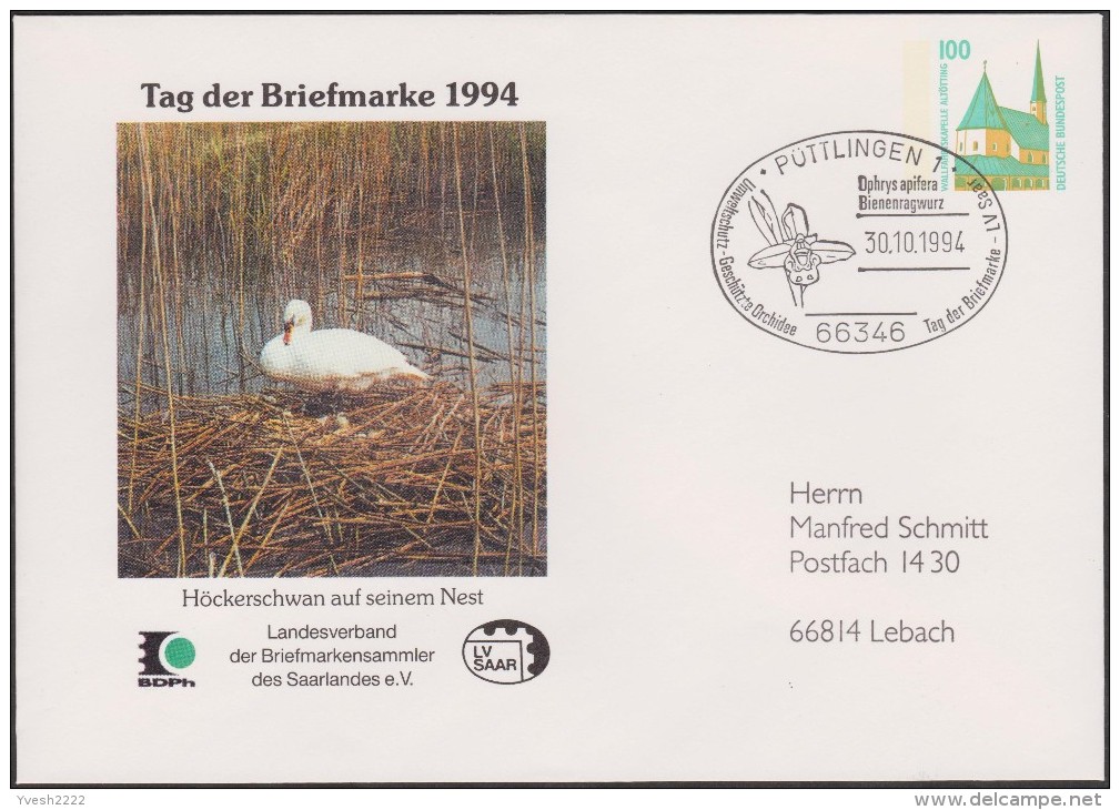 Allemagne 1994. Privatganzsache, Entier Postal Timbré Sur Commande. Journée Du Timbre, Cygne Et Son Nid, Ophrys Apifera - Schwäne