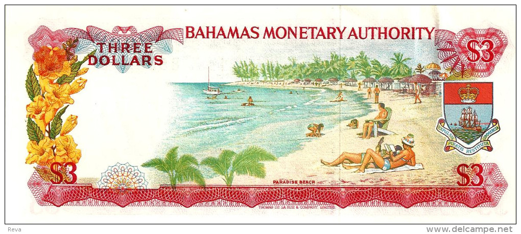 BAHAMAS ISLANDS $3 WOMAN QEII HEAD FRONT BEACH FLOWER BACK LAW1968 EF P.28 READ DESCRIPTION !! - Bahamas