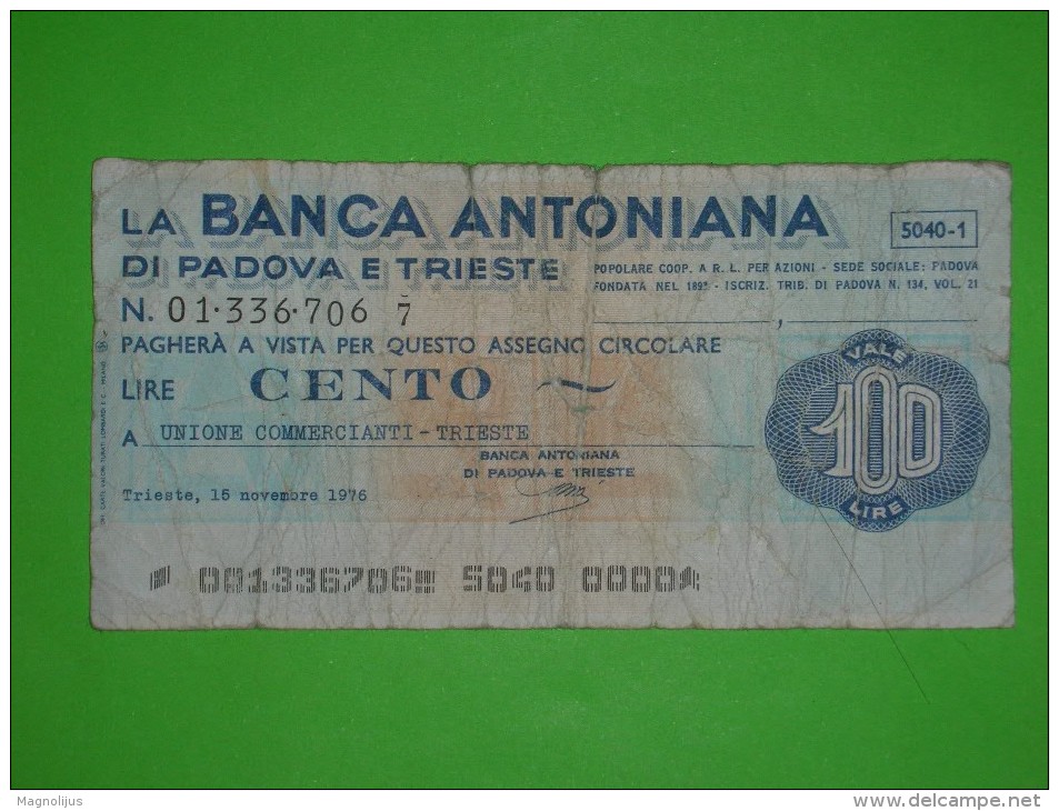 Italy,100 Lire,cento Lire,mini Check,assegno Circolare,banca Antoniana,Padova E Trieste,banknote,paper Money,bill,geld - [10] Assegni E Miniassegni