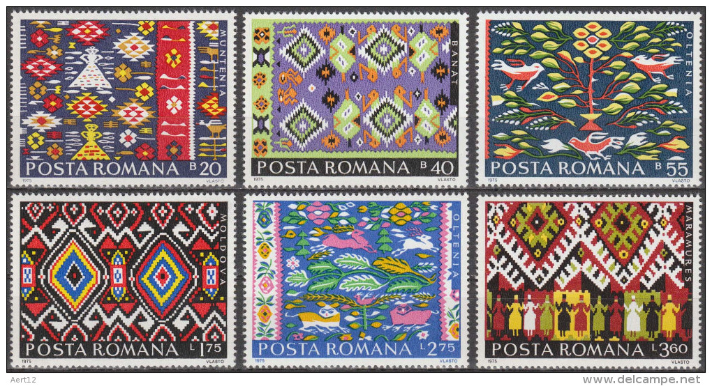 ROMANIA, 1975, Romanian Peasant Rugs, Textile, MNH (**), LPMP/Sc 897/2583-88 - Hojas Bloque