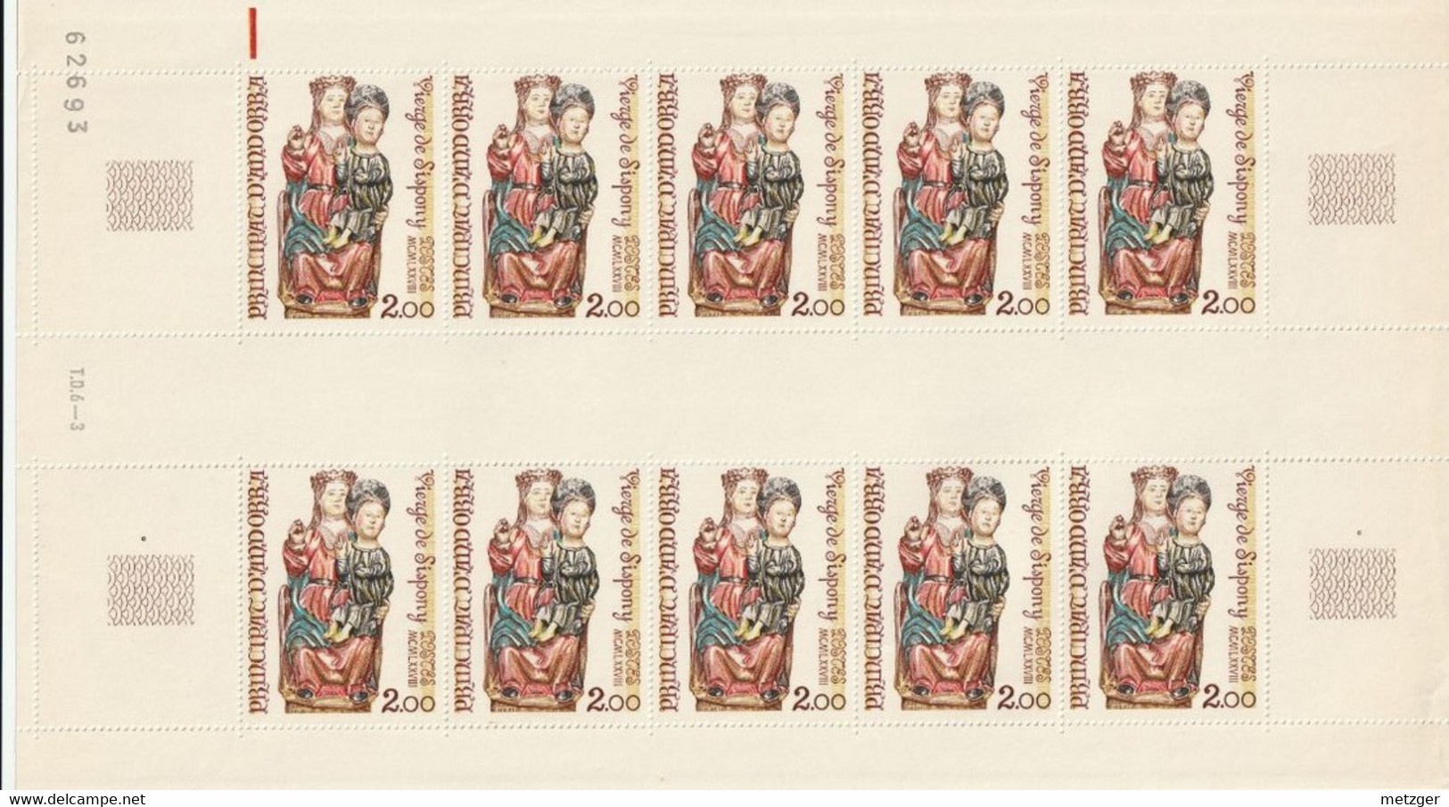 Feuille  Complète  D'Andorre Français De 10 Timbres Du N° 271. Vierge De Sispony - Nuevos