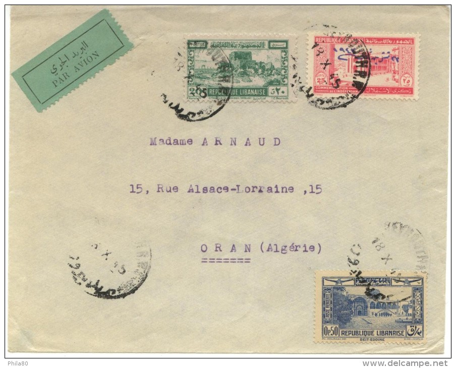 N°194+189+PA65 +( 197 Au Dos) Sur Lettre De Beyrouth Du 18-10 1945 Pour Oran (Algérie) - Storia Postale