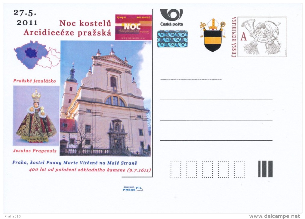 Czech Rep. / Postal Stat. (Pre2011/98) Night Of Churches 2011 (2 Pieces), Archdiocese Of Prague, Diocese Of Brno - Cartes Postales