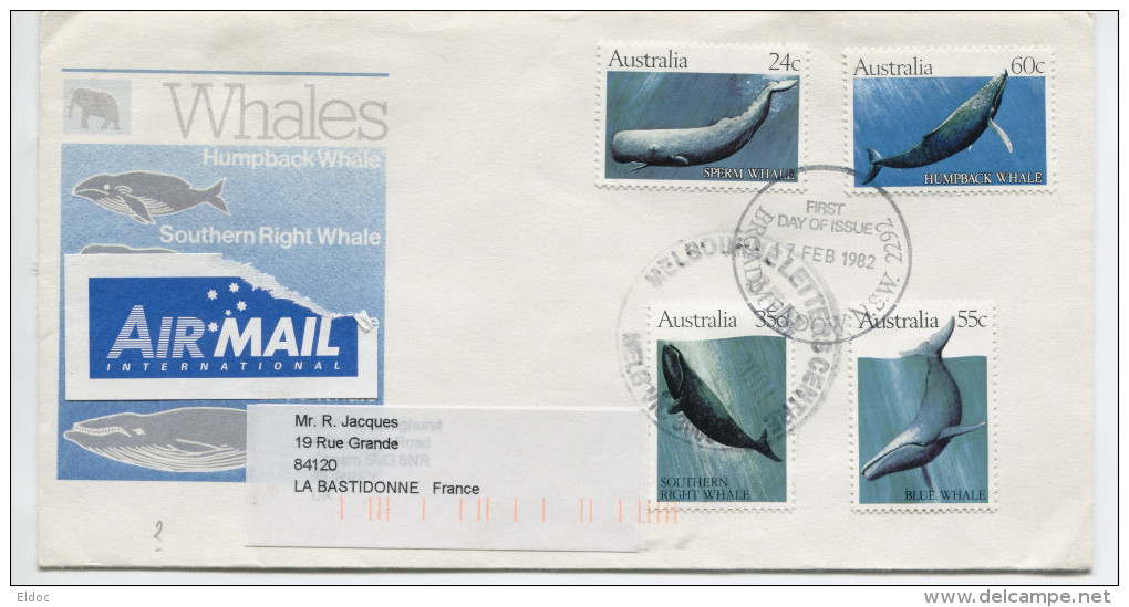 AUSTRALIE Baleines Enveloppe FDC / 4 Valeurs /1982 - Ballenas