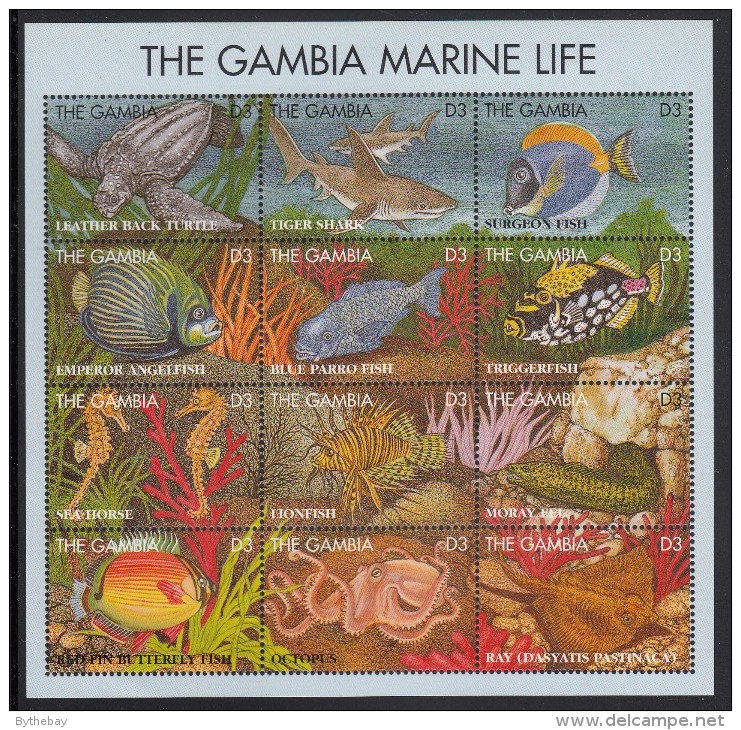 Gambia MNH Scott #1623 Sheet Of 12 Different 3d Marine Life - Turtle, Shark, Fish, Eel, Sea Horse, Octopus - Gambie (1965-...)