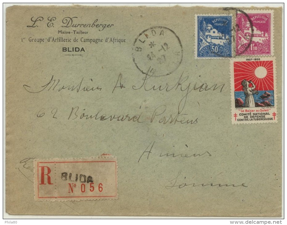 N°47+82 + Vignette Tuberculose  Sur Lettre Rec. De Blida Du 24-12-27 Pour Amiens - Cartas & Documentos