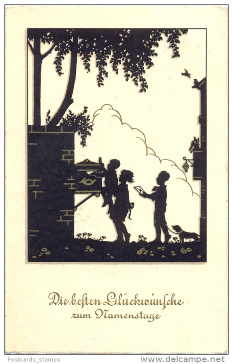 Namenstag, Kinder, Briefkasten, Scherenschnitt AK, 1936 - Scherenschnitt - Silhouette