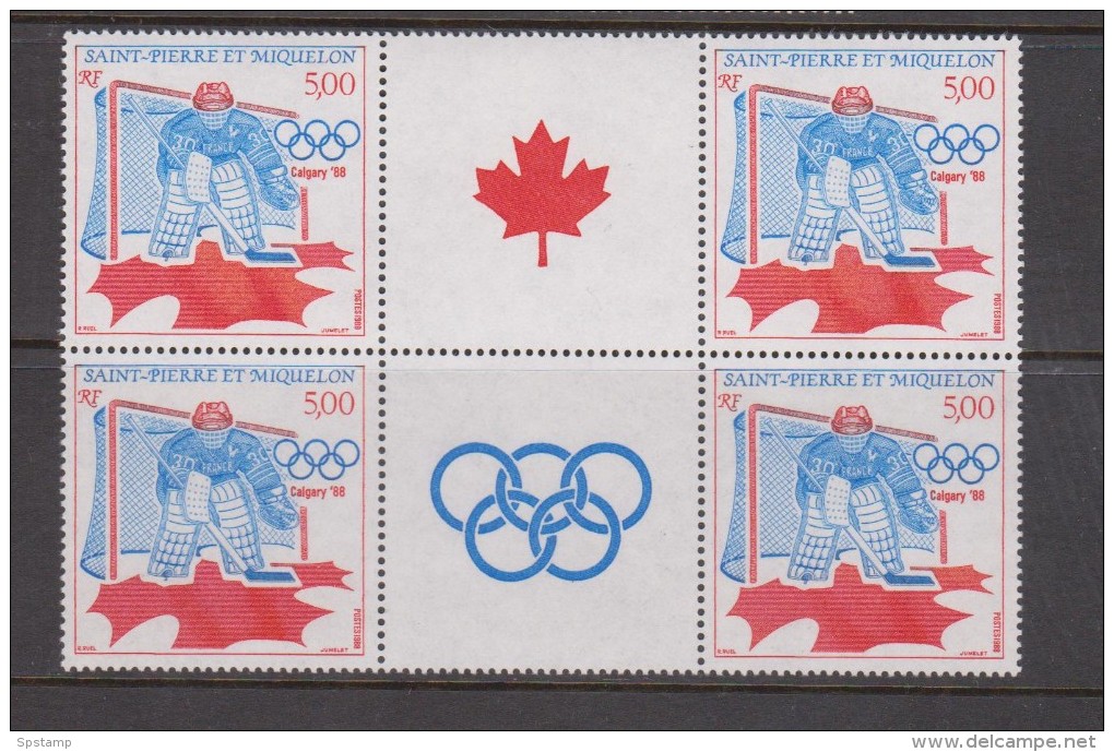 St Pierre & Miquelon 1988 Calgary Winter Olympic Games Gutter Block Of 4 With 2 Labels - Neufs