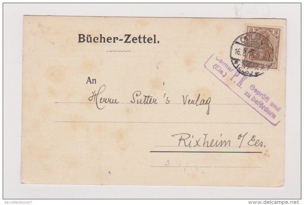 ALLEMAGNE  //  Bucher-Zettel  //   De Colmar   //  Pour Rixheim  //   16/08/1916  //  Cachet Censure - Autres & Non Classés